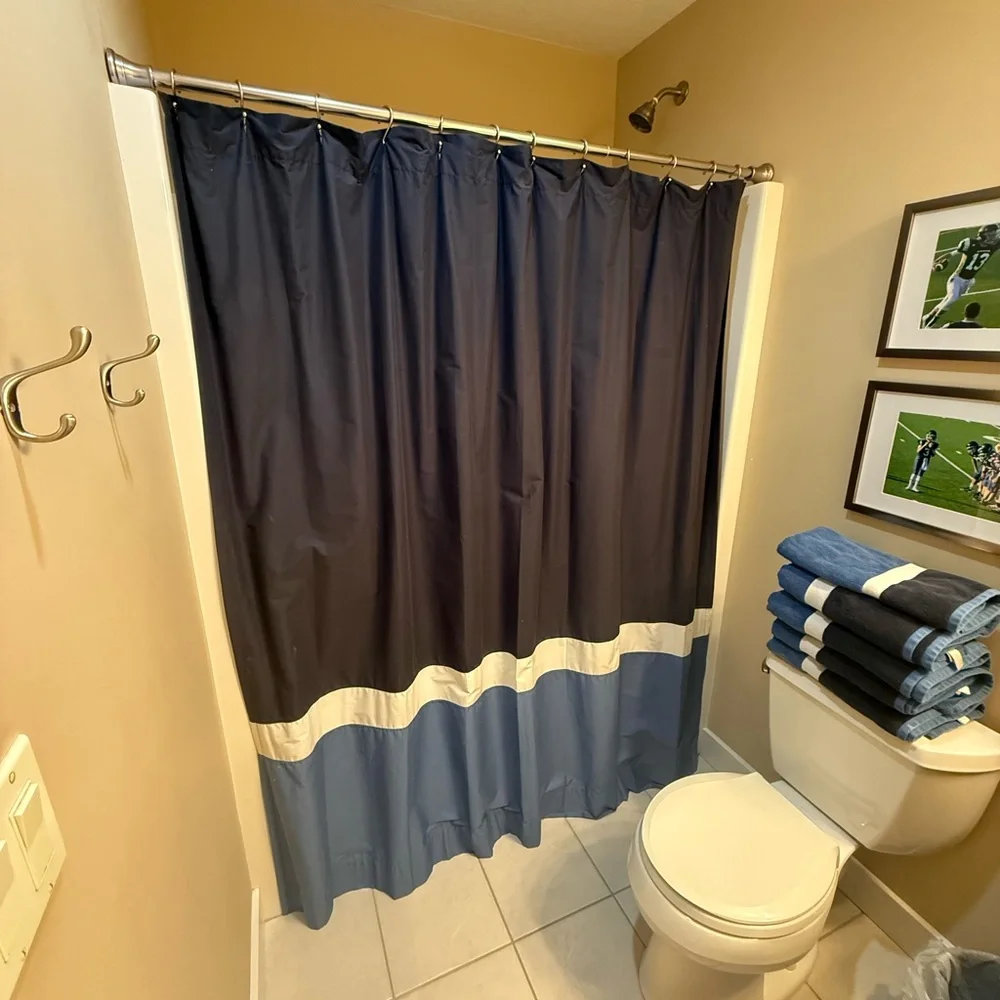 Pottery Barn Teen Dark Blue and Light Blue Shower Curtain, rug & towels.